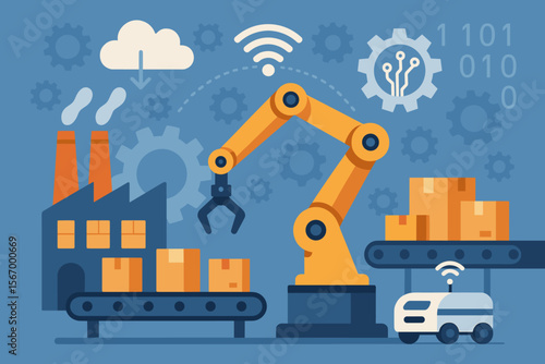 Industry 4.0 concept with smart factory automation. Robotic arm on a conveyor belt, autonomous vehicle, and cloud technology. Modern manufacturing, logistics, and production line.