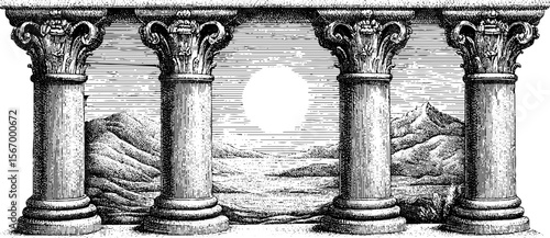 Doric columns framing a serene sunrise over distant mountains for classic design