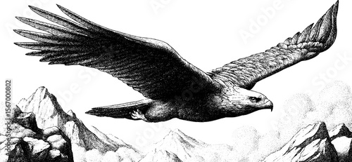 Majestic eagle gliding over rugged mountains with prey in claws - vintage hand drawn scene
