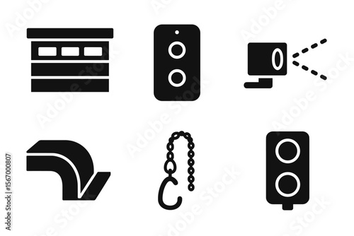 Black silhouette icons of garage, garage opener, cctv, downspout, chain hook, traffic light
