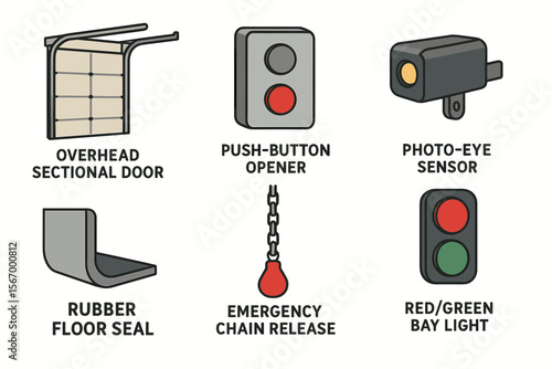 Garage door components diagram: sectional door, opener, sensor, seal, chain release, bay light