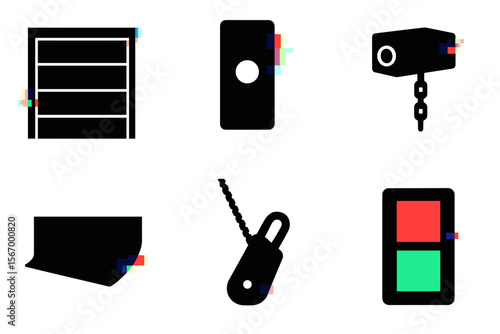 Abstract glitched geometric shapes with chains and colored blocks