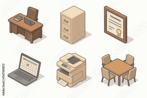 Office essentials icons: desk, laptop, printer, filing cabinet, certificate, meeting table