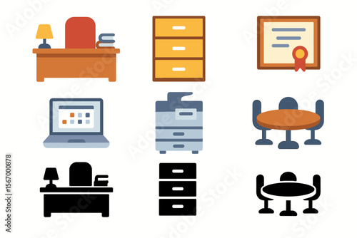 Office furniture and equipment icons - desk, chair, computer, printer, table, certificate