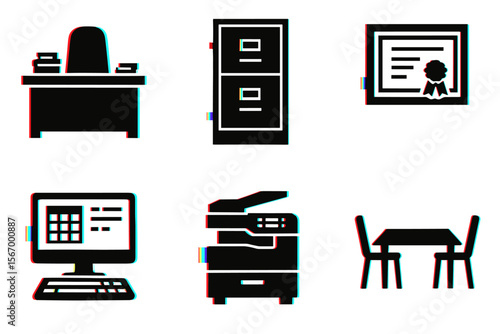 Office equipment and furniture icons illustration