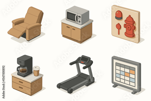Isometric icons of recliner, microwave, fire hydrant, coffee maker, treadmill, calendar