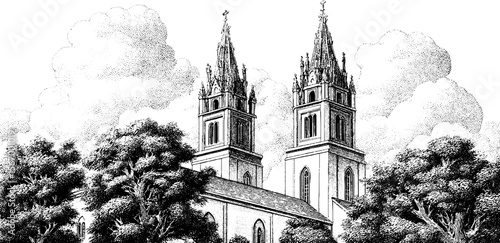 Fantasy cathedral with majestic spires piercing through clouds - engraved architectural art for design