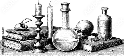 Arcane alchemy table with flask and books in vintage hand-drawn sketch