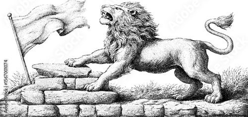 Majestic lion crest on flag above stone parapet in vintage engraving art