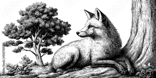 Vintage sketch of fox resting by hollow tree in pine forest