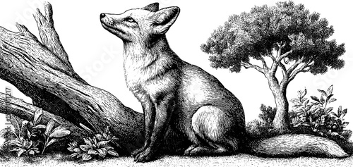 Vintage fox beside hollow tree trunk in pine forest sketch for nature illustrations