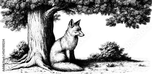 Fox resting by hollow tree trunk in serene pine forest landscape