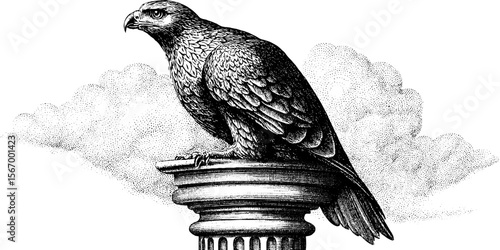 Majestic golden eagle perched on column with thunderclouds - vintage hand drawn sketch