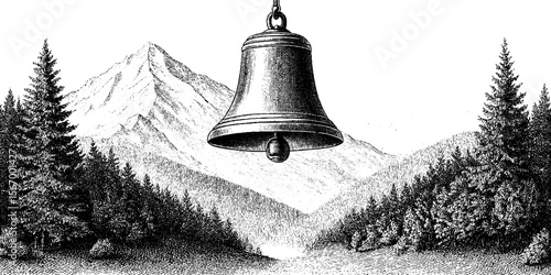 Vintage hand drawn golden bell in mountain temple courtyard landscape