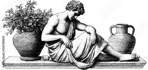Greek philosopher in thought on stone bench with amphora and foliage for classical design