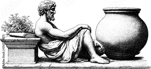 Greek philosopher seated on stone bench with amphora in vintage sketch style