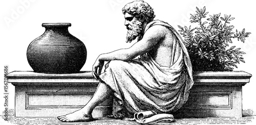Contemplative greek philosopher seated on stone bench with amphora - vintage hand drawn silhouette for classical design