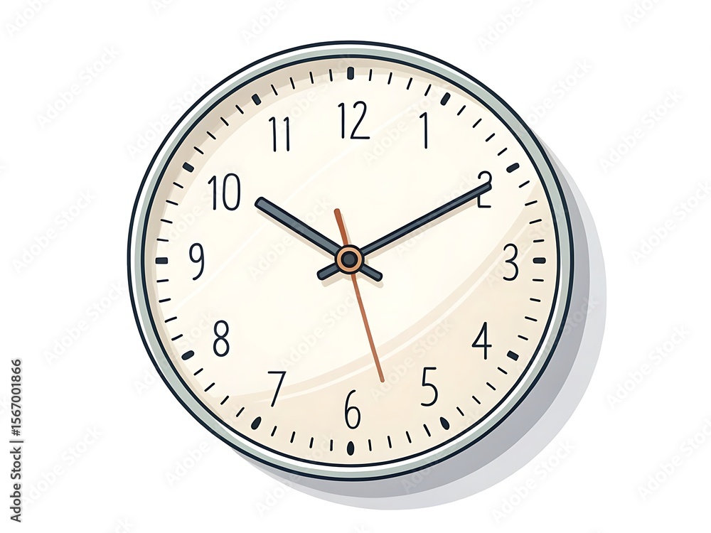 Illustration of a round wall clock with a silver frame and a white face showing ten past two - ai generated Illustration of a round wall clock with a silver frame and a white face showing ten past two - ai generated