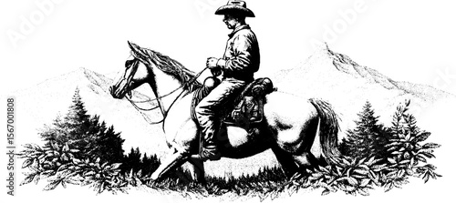 Vintage horseman riding through foggy forest toward distant light - equestrian adventure illustration