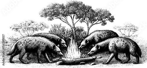 Hyenas prowling near dying fire in savanna dusk - vintage sketch illustration