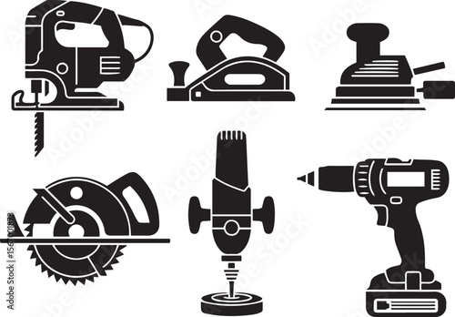 Set of black silhouette power tools for construction and woodworking
