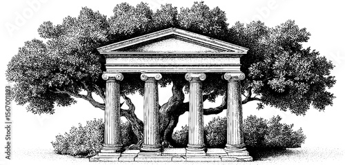 Ancient ionic temple ruins with fallen columns and olive trees - vintage sketch