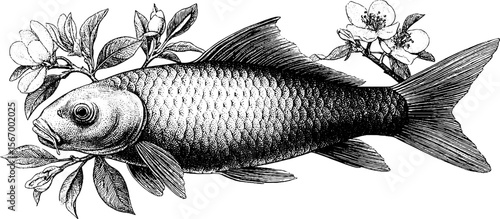 Vintage koi fish swimming in a tranquil pond with fallen blossoms