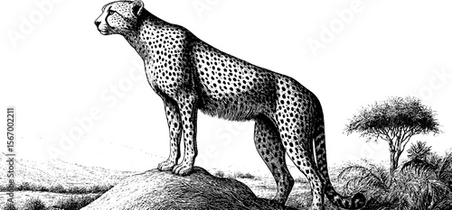 Lone cheetah perched on termite mound. Vintage hand drawn sketch with engraving detail.