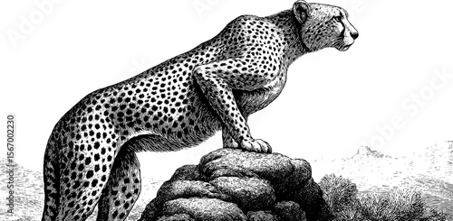 Cheetah silhouette on termite mound in vintage sketch
