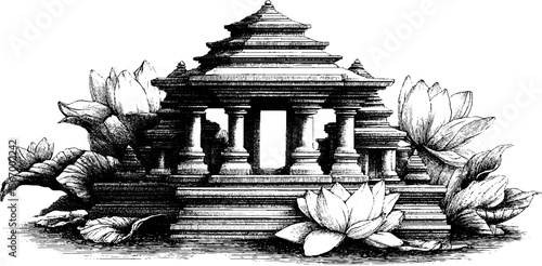 Tranquil lotus pond and open temple sketch with fallen petals for artistic design
