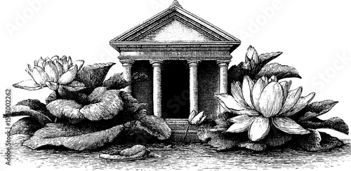 Hand drawn lotus pond with temple silhouette and fallen petals for art and design