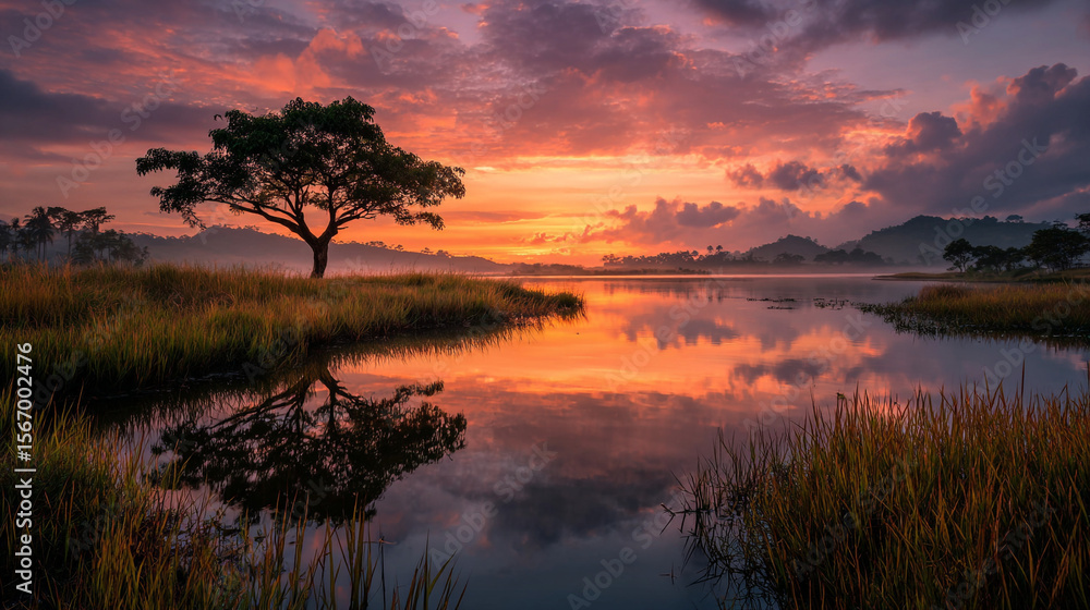 Fototapeta premium A solitary tree stands by a still lake reflecting a vibrant sunset with cloudy skies above the horizon