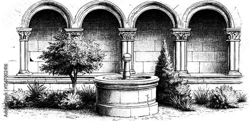 Historic monastery courtyard with cloisters and stone fountain in vintage sketch