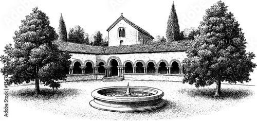Vintage hand drawn monastery courtyard with cloisters and small stone fountain engraving
