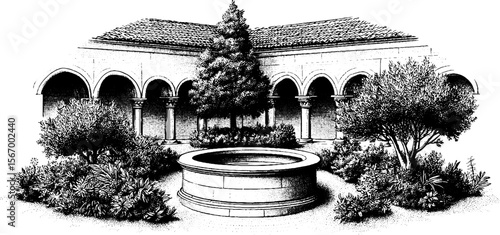 Antique monastery courtyard scene with cloisters and stone features for historical design