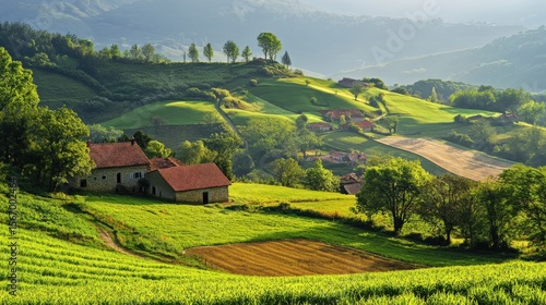 Picturesque rural landscape with rolling hills and farmhouses.