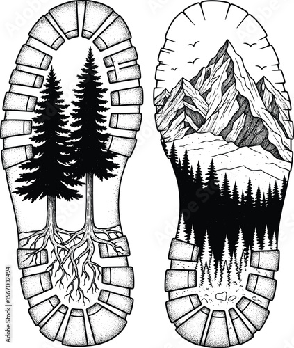 Hiking boot outsole print design vector illustration for t-shirt, Hiker boot print with mountain, tree and nature theme. Hiking boot print with landscape, hike t-shirt for outdoor adventure lovers.