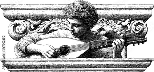 Renaissance musician playing lute under balcony - vintage hand drawn engraving for art and design