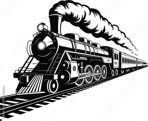 Vintage Steam Train on Railroad Tracks – Classic Locomotive Silhouette Illustration