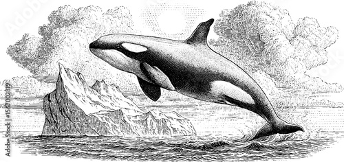 Orca breaching near iceberg under dark arctic clouds - vintage engraving style