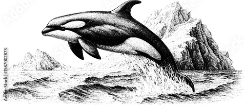 Orca breaching near iceberg in dark arctic skies - vintage sketch for nature design