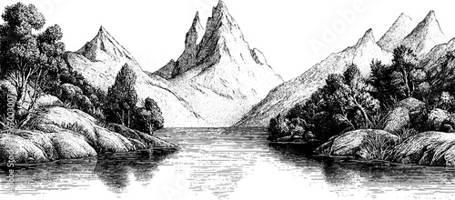 Tranquil mountain lake with pagoda reflection and distant peaks - vintage engraved landscape