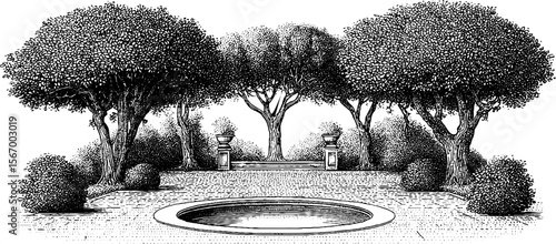 Moonlit palace courtyard with lotus pond and hovering serenity - vintage engraving theme
