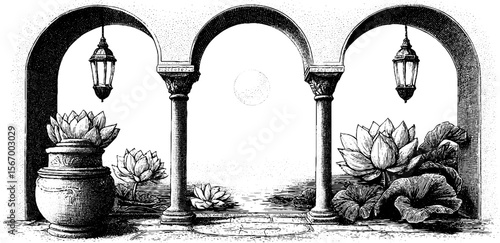 Moonlit palace courtyard with lotus pond and classic architectural arches