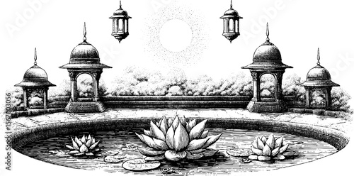 Enchanting palace courtyard with moonlit lotus pond and lanterns in vintage sketch style