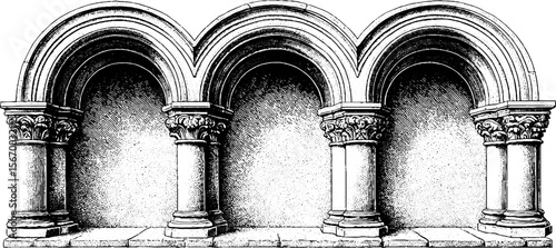 Gothic pointed arch hallway with ribbed vaults and candle silhouette for vintage design