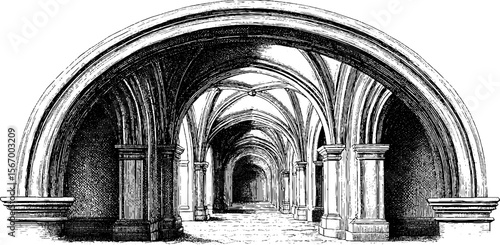 Vintage hand-drawn engraving of a pointed arch hallway with ribbed vaults and candle silhouette
