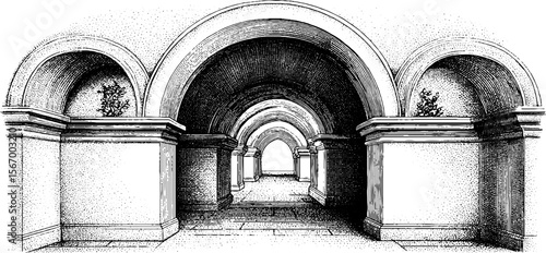 Vintage sketch of pointed arch hallway with ribbed vaults and candle ambiance