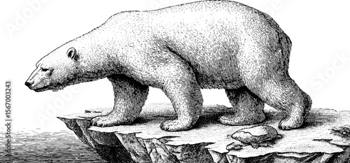 Vintage polar bear silhouette walking on ice floe - engraved wildlife illustration