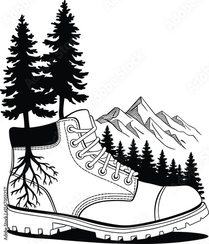 Hiking boot outsole print design vector illustration for t-shirt, Hiker boot print with mountain, tree and nature theme. Hiking boot print with landscape, hike t-shirt for outdoor adventure lovers.